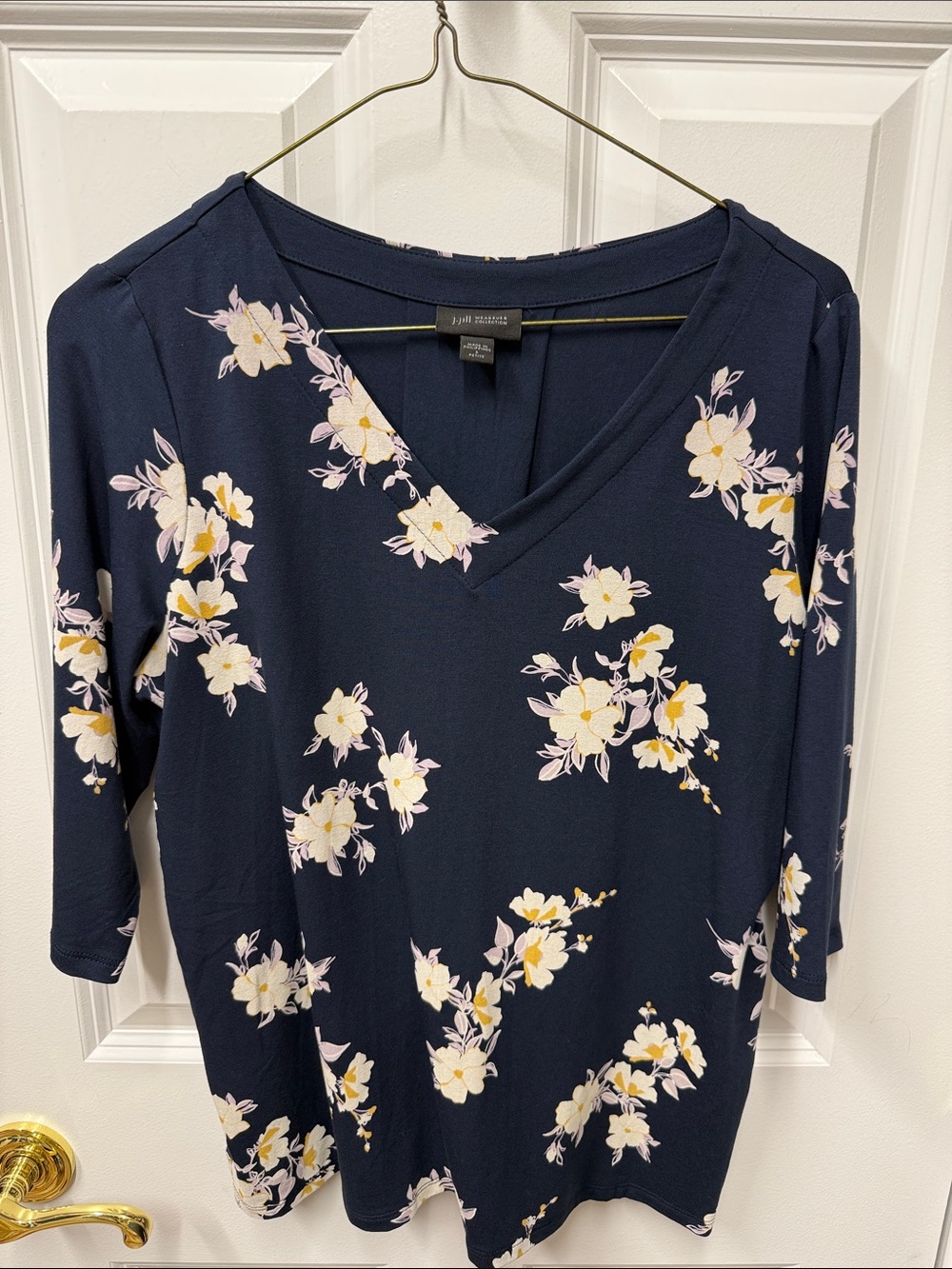 J.Jill Wearever Floral V-Neck Tunic Top Small Petite Navy 3/4 Sleeve EUC
